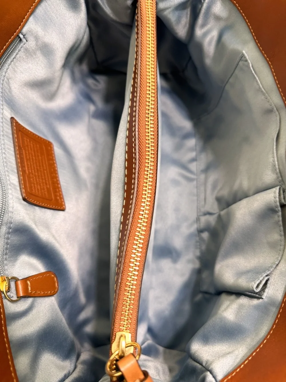 Coach Hamptons Satchel Bag Denim Patchwork Saddle Leather Turnlock